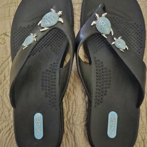 OKA b. Black Sandals with Blue Turtle Accents